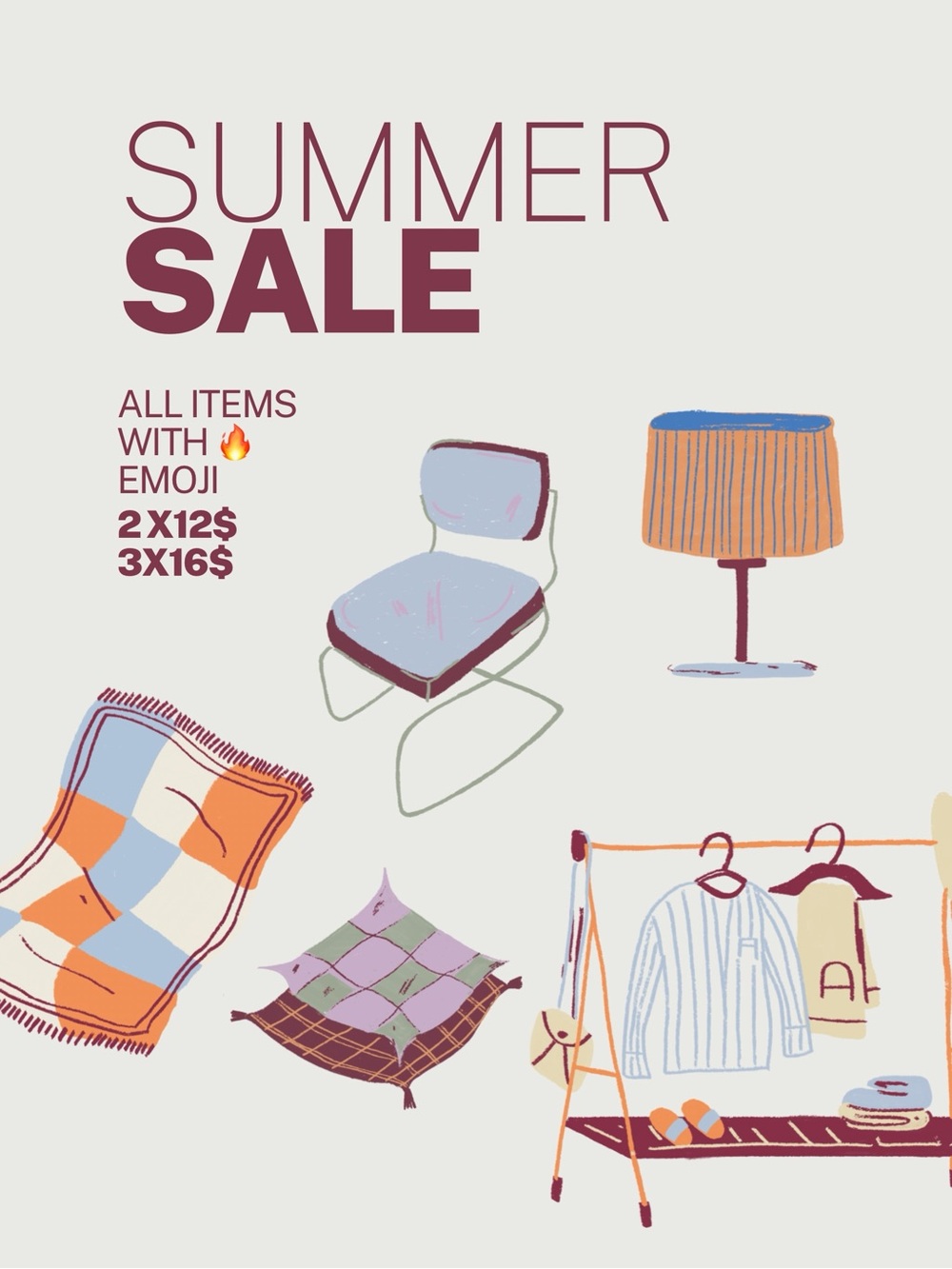 Summer Sale Illustrated Home Decor Print in Pastel Pink and Blue